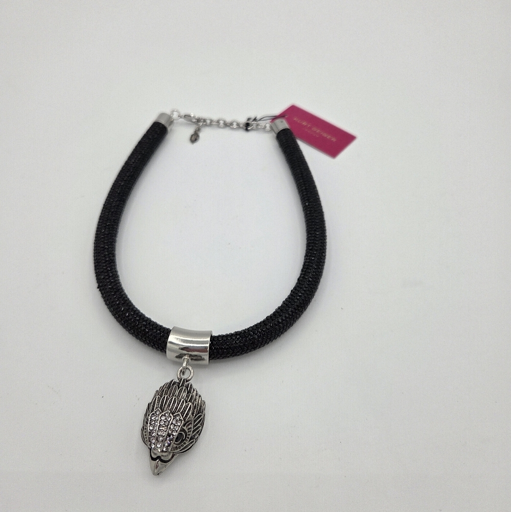 NWT Kurt Geiger Chunky Black Eagle Head Pendant Necklace Mesh Shimmer Rope